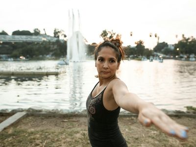 Person doing a deep stretch focusing on breathing